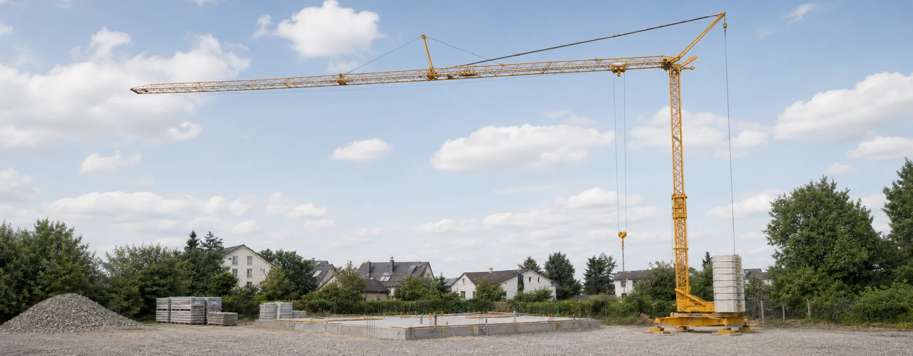 KI-generiertes Bild: Liebherr 34 K Schnelleinsatzkran vollständig aufgebaut auf einer deutschen Baustelle
