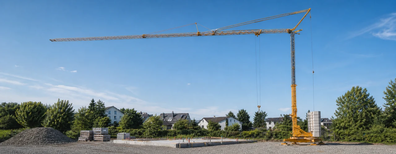 KI-generiertes Bild: Liebherr 42 K.1 Schnelleinsatzkran vollständig aufgebaut auf einer deutschen Baustelle